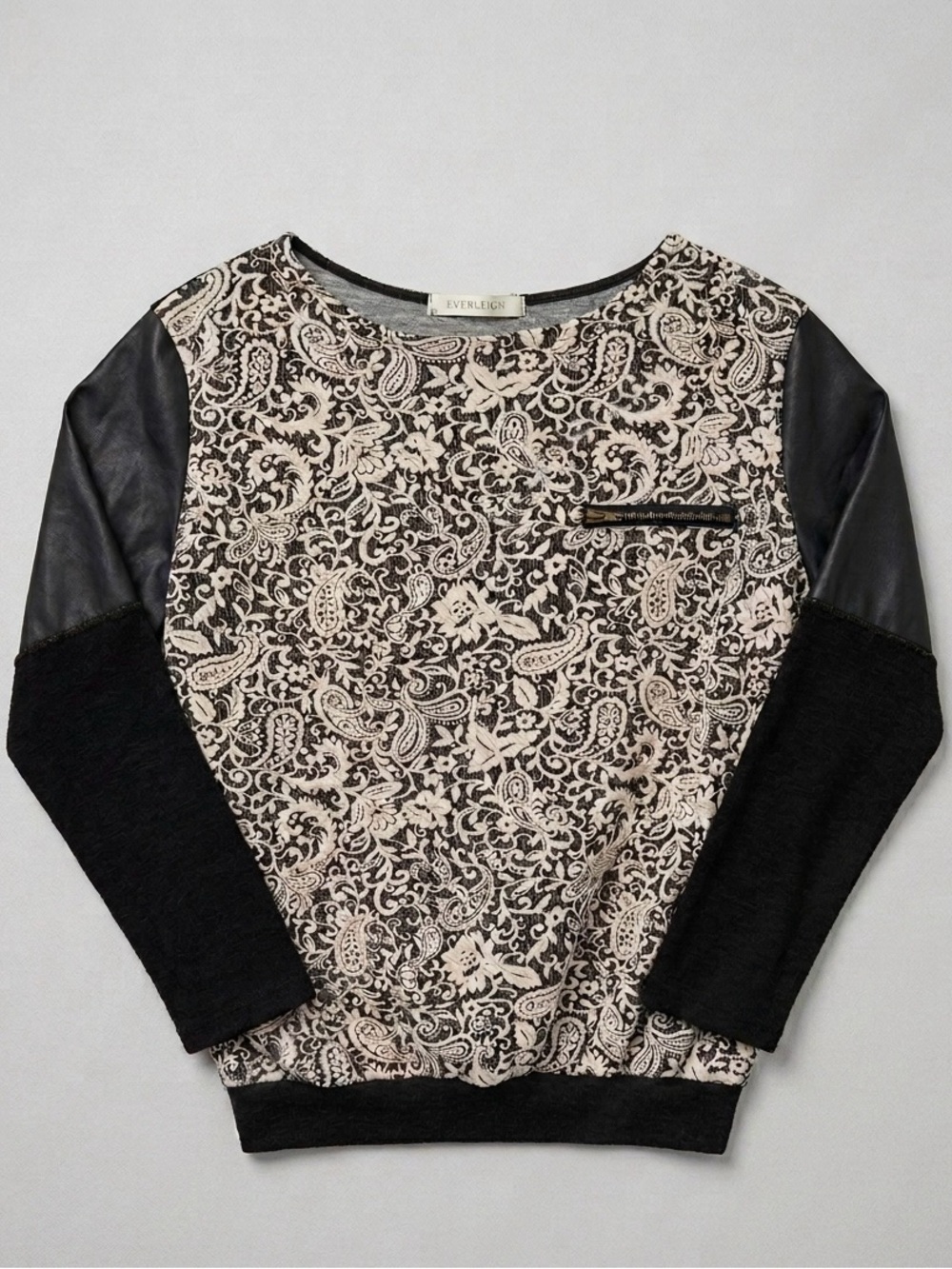 everleigh Black & Cream Paisley Pullover Sweatshirt with Faux-Leather Accents